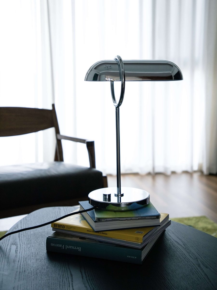 Sculptural Chrome Ring Table Lamp with Built-In Dimmer - 17.7in