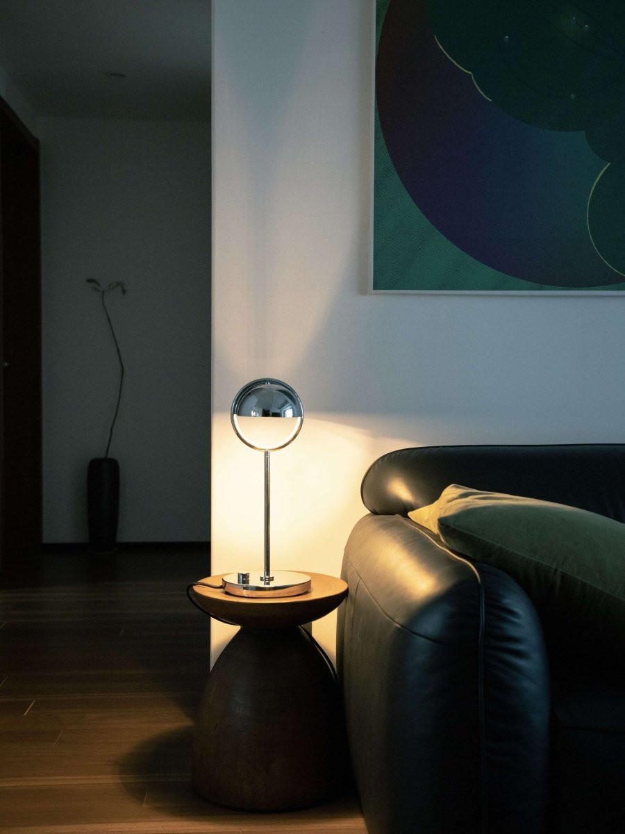 Sculptural Chrome Ring Table Lamp with Built-In Dimmer - 17.7in