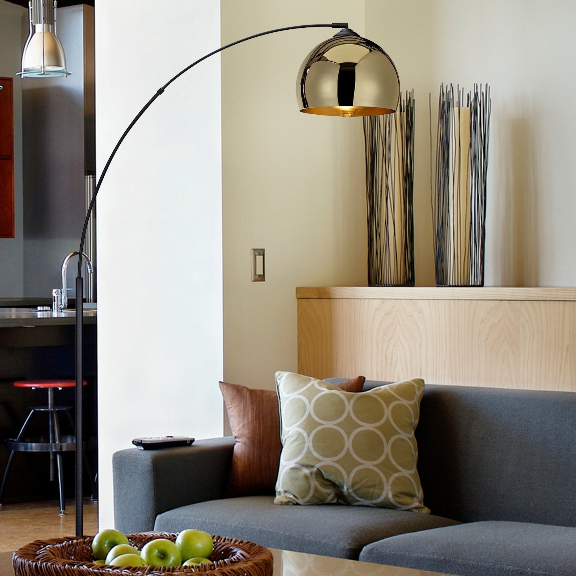 Full view of Marble Base Arc Floor Lamp against neutral wall