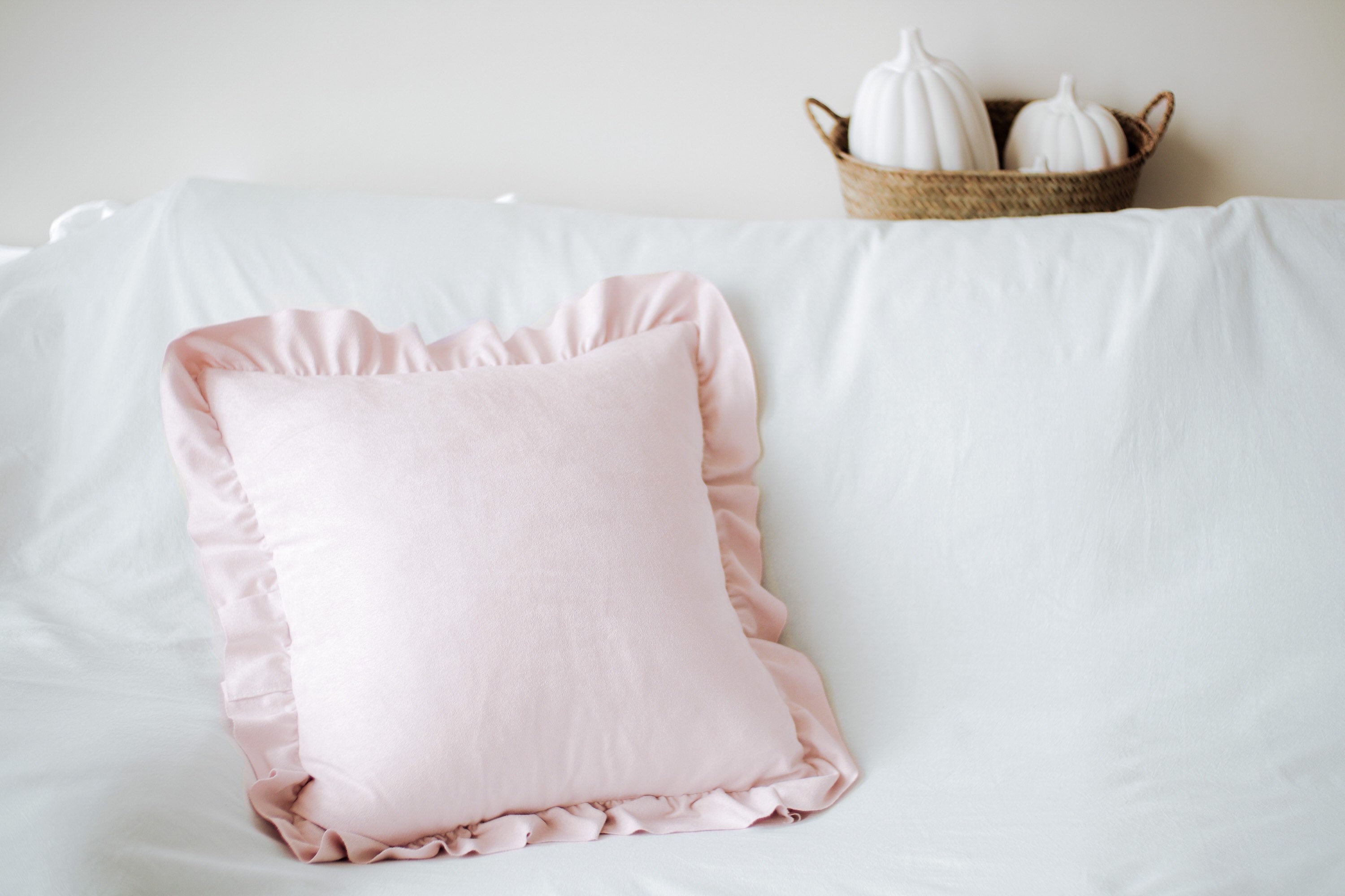 French Chic Ruffled Faux Suede Pillow Cover on sofa