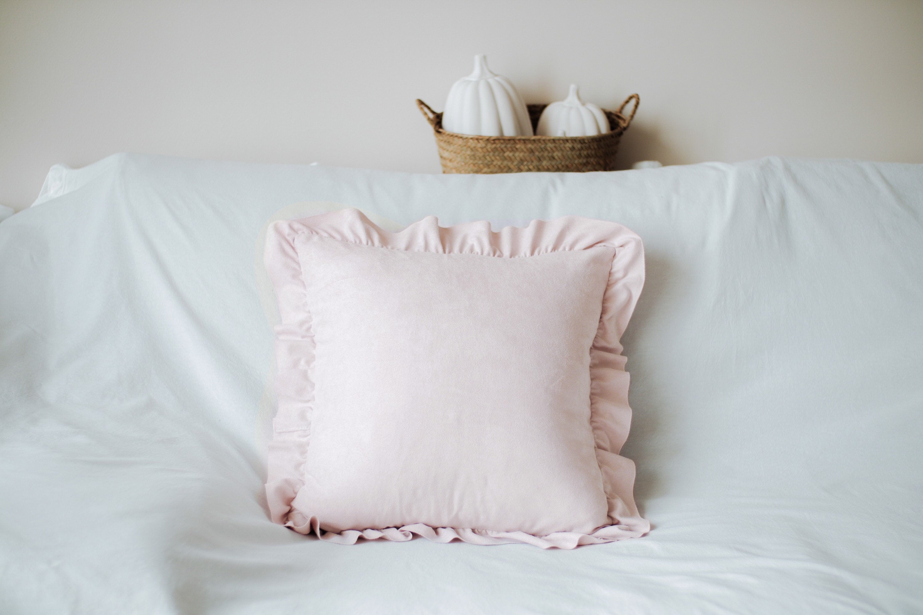 French Chic Ruffled Faux Suede Pillow Cover styled bedroom