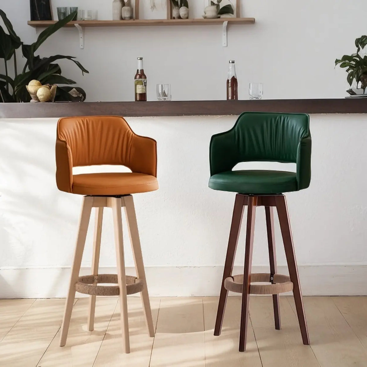 Leather swivel bar stool with arms front view