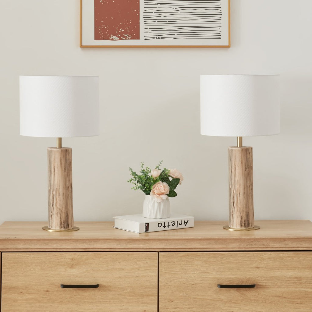 Rustic Wood Table Lamp Set of 2 - Natural Base with Linen Shade 20.7in