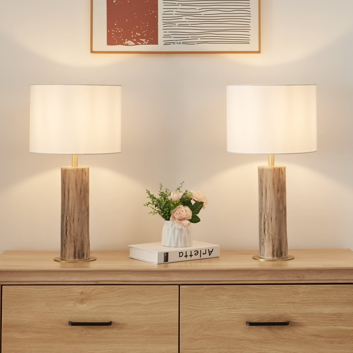 Rustic Wood Table Lamp Set of 2 - Natural Base with Linen Shade 20.7in