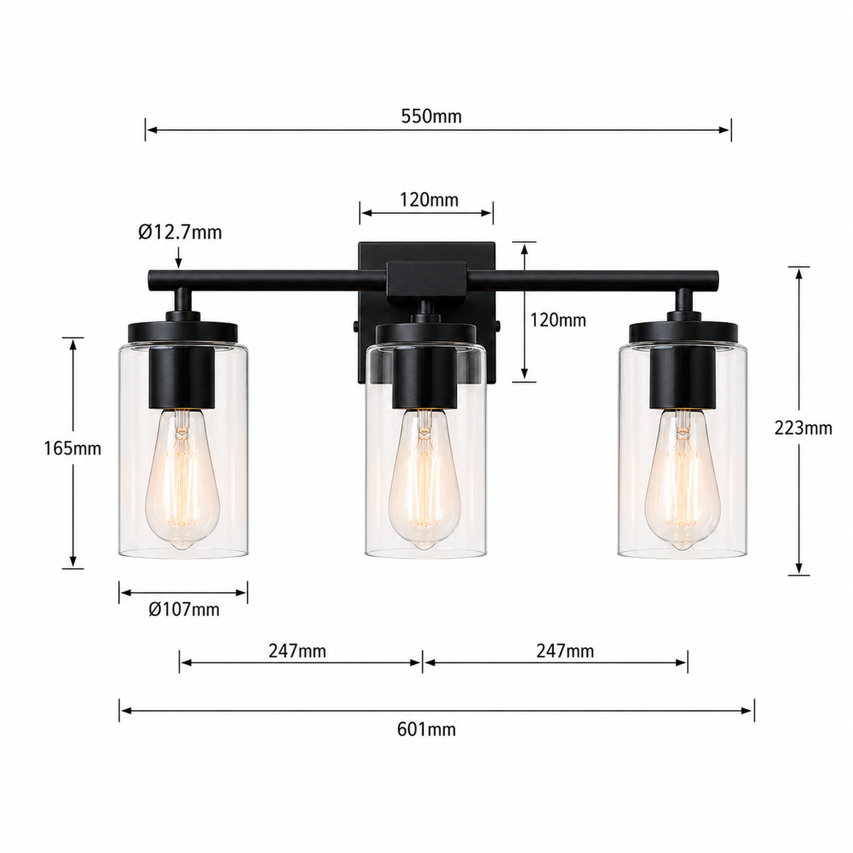 Meridian 3-Light Vanity Bar Sizing Chart