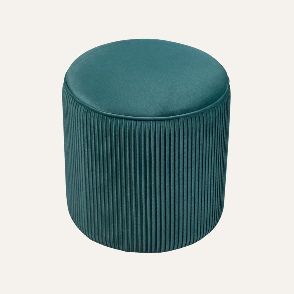 Pumpkin Ottoman in Dark Green - top view showing ribbed silhouette