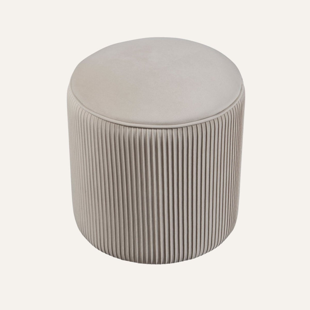 Velvet Pumpkin Ottoman in Taupe - full view with metal legs