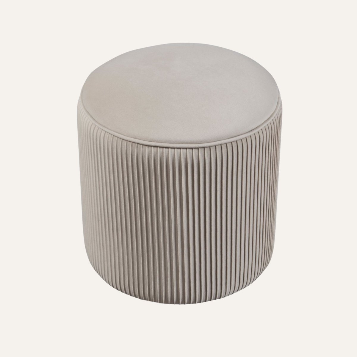 Velvet Pumpkin Ottoman in Taupe - full view with metal legs